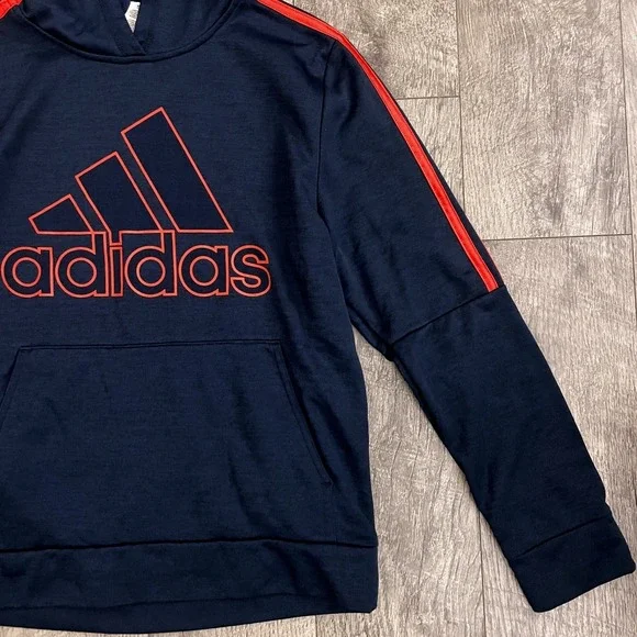 Adidas Kids Navy Blue Red Stripe Logo Pullover Hoodie Sweatshirt L 14/16 - Picture 4 of 6